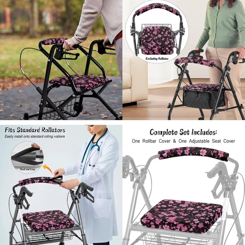 LedBack Walker Accessories for 3 Pcs, Cherry Blossom Rollator Walker Seat and Backrest Covers Walker Bag Under Seat Bag for Four Wheel Rollator, Easy to Install - Image 4